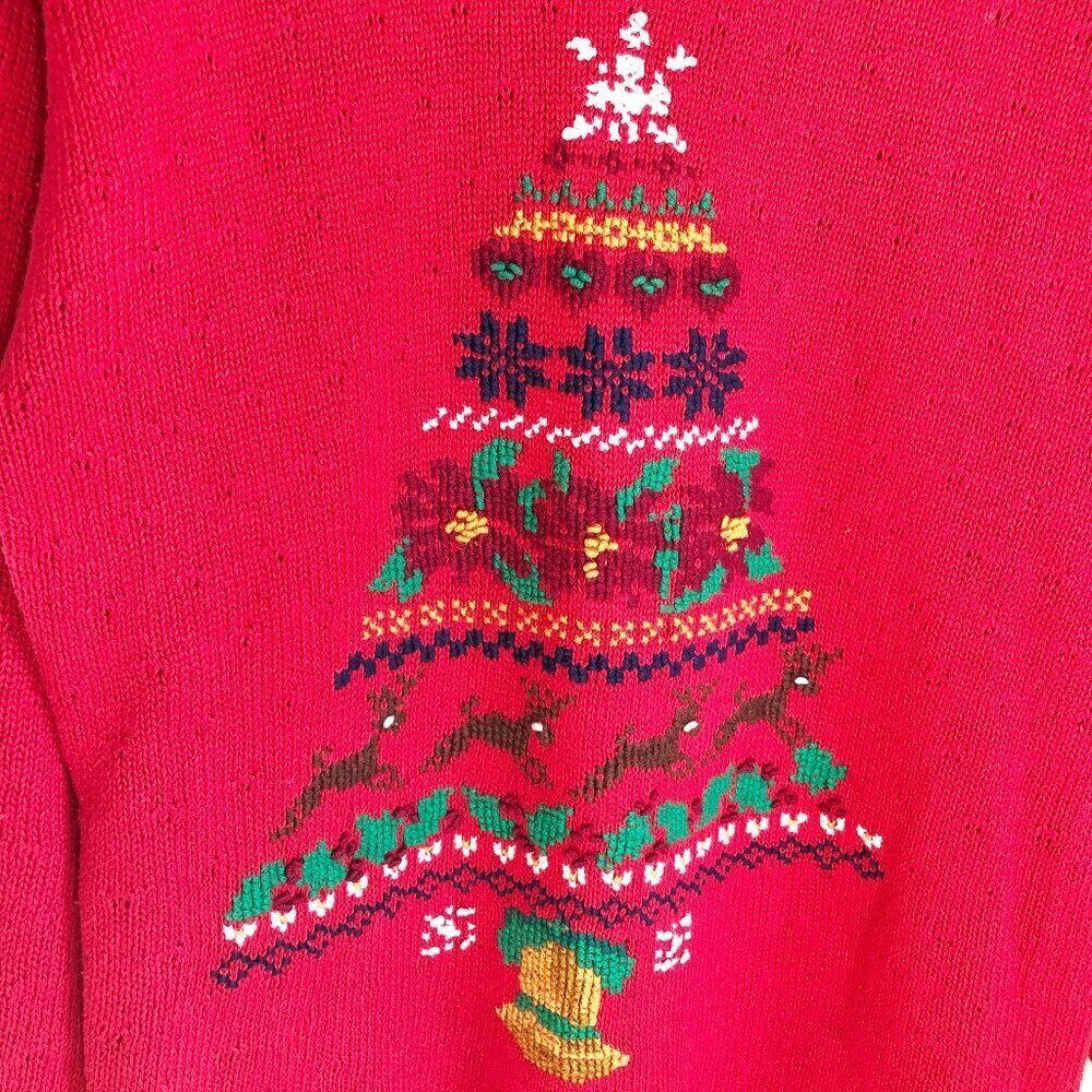 Vintage Hand Embroidered Christmas Tree Sweater Needle Point Holiday Cable Knit